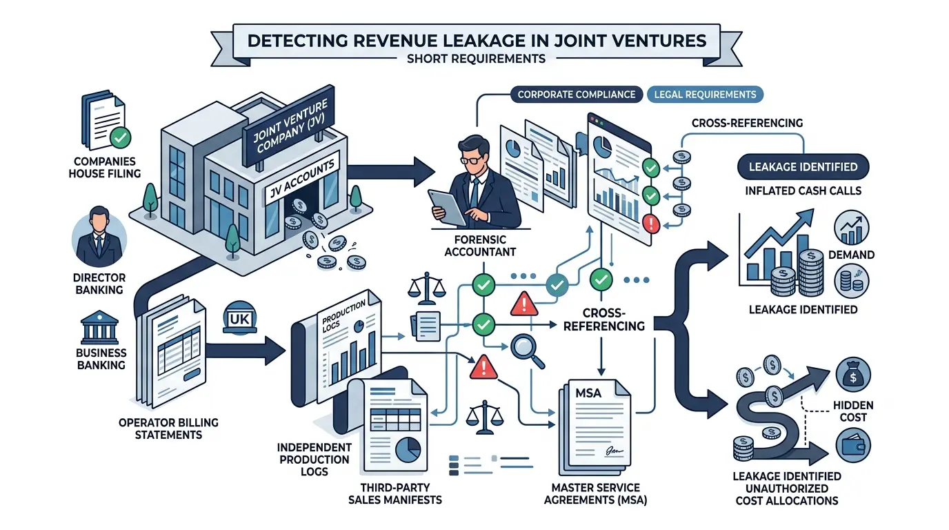 How do forensic accountants detect revenue leakage in joint venture accounts?
